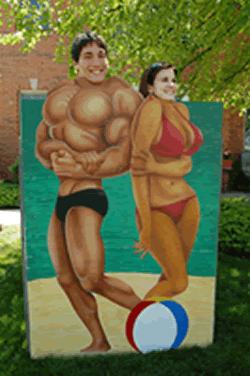 Muscle Man + Bikini Woman On Beach Photo Stand Rental