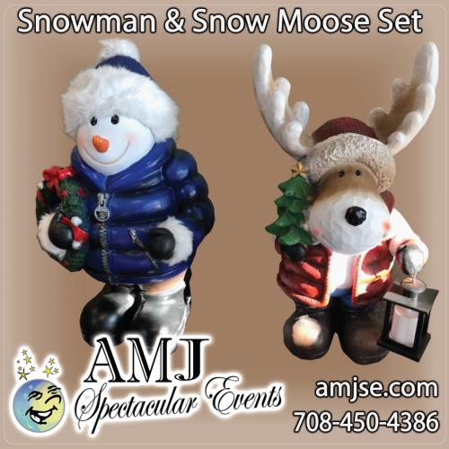When we think of winter decor, who doesnt think of a snowman in a blue puffy coat holding a green wreath with a red bow and a candy cane alongside a moose with large antlers wearing a Red puffy coat holding a candle-lit lantern and a mini Christmas tree with a gold star on top?! These over 2-foot unique and fun looking winter buddies are so ready to hang out in your holiday rental scene. Both the Snowman and Moose are wearing puffy coats and Santa hats with big smiles as they wait for The Jolly Ole St Nick. Rent them today! 